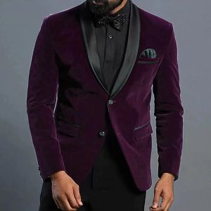 Jackets Purple Velvet Suit Blazer para Men Shawl Black Lappel One Piece Jacket Wedding Groom Tuxedos Slim Fit Costume Homme Mariage 2024