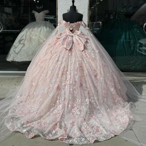 Pink Shiny Princess Quinceanera Dresses With Cape Applique Lace-up Corset Prom Sweet 15 Dress vestidos de 15 anos