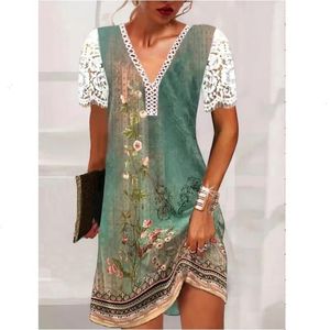 Summer Womens Casual Lace Stitching Collar Short Sleeve Dress