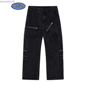 Męskie dżinsy produkują ekstremalne czarne dżinsy z multi zamki błyskawiczne dżinsy szerokie nogi Y2K Męskie projektanty Hip Hop Designer dżinsy Direct Shippingl2404
