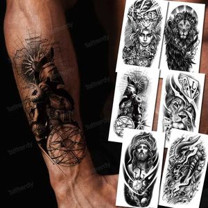 Tatuagem Transfer Black Tattoo Tattoo Adesivos Animal Robô de Floresta Escura Lion Tattoos Fake Water Transfer Dragon Wolf Sleeve Tattoo Men 240427