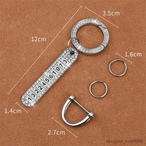 Keychains Lanyards 1pc Phone Number Tag Keychain Luxury Rhinestone Anti-lost Metal Key Chain Women Men Buckle Car Keyring Holder Jewelry Gifts