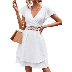 Zarif Beyaz Kapak Kollu Mini Elbise Kontrast Dantel Kadınlar İçin Katmanlı 240418