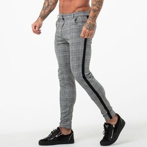 Mens Jogger Pants Grey Plaid Chinos Skinny Pants for Men Side Stripe Stretchy Montering Athletic Body Building249Q