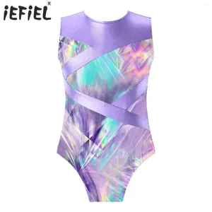 Scene Wear Kids Girls Rhythm Gymnastic Skating Bodysuit Swimsuit For Ballet Dancing Printed Metallic Leotard Round Neck Hollow Out Jumpsuit