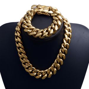 22mm Hip Hop Solid Stainless Steel Cuban Chain Necklace Bracelet 18K Gold Plated