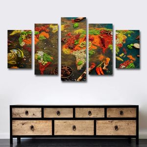 5 Panel World Map Canvas Painting Spice Seasoning Pictures Prints Artwork for Gallery Living Room Kitchen Wall Decor No Frame