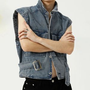 High Street Korean Style Simple Denim Vest Jacket Mens Brand Lapel Collar Estruerad Denim Tooling Vest 240410