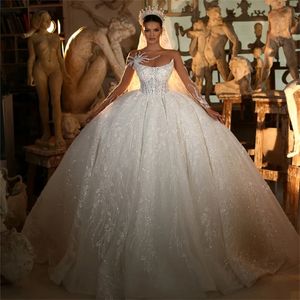 Princess Ivory Lace Wedding Dresses Ball Gown Illusion Long Sleeve Flowers Appliques Mariage Bridal Gowns Vestido de noiva