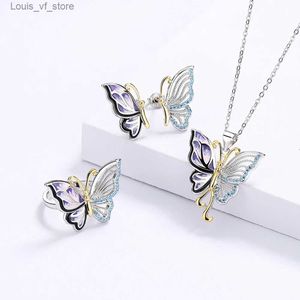 Wedding Jewelry Sets 925 Silver Retro Palace Gold Oil Painting Butterfly Epoxy Ring Necklace Set Ladies Exquisite Bow Party Birthday Gift H240426