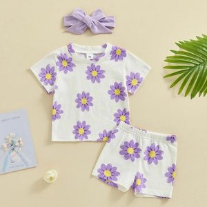 Kläder set baby flicka sommarkläder småbarn outfit blomma tryck kort hylsa t-shirt tee toppar shorts spädbarn med hårband set