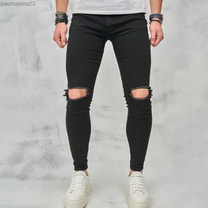 Mäns jeans fashionabla hiphop herrar knä tår tight blyerts jeans herrar strumpor mens jeansl2404