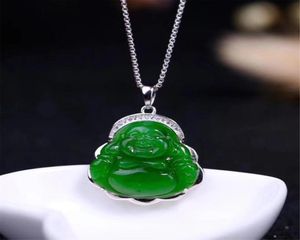 Klasyczny nowy S925 z certyfikatem Sterling Srebrny Naturalny Chińskie Zielone Jade Kobiety Jasper Pendant Buddha Naszyjnik 4123976