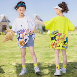 Korean sommar junior flicka lång skjorta skoltecknad graffiti lös tee barn kort ärm toppar barn avslappnad topp 240415