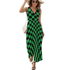 Casual Dresses Vintage Check Print Dress Black And Green Cute Maxi V Neck Printed Bohemia Long Streetwear Oversized Vestido