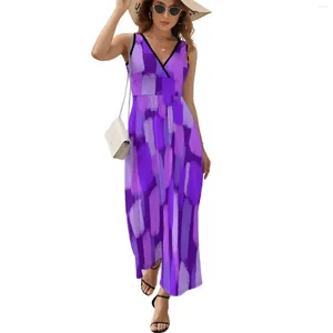 Abiti casual abito pennello viola vestito estate astratto arte stile boho spiaggia lunghe donne design senza maniche