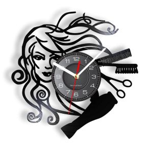 Relógios Penteado de beleza salão de vinil Relógio de parede relógio de parede de salão de salão de salão de barbeiro retrô Presente de relógio de parede preto para mulher