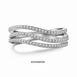Xuyuanfen Versão coreana S925 Sterling Silver Ring com onda feminina sobreposta ao design de diamante de zircão requintado e simples 240424