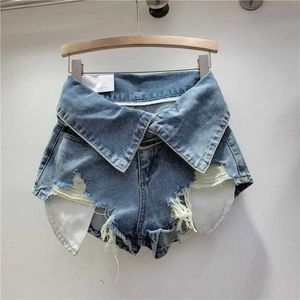 Kvinnors shorts nödställda lastshorts jeans vintage hål lapptäcke denim shorts kvinnor trend lapel hög midja oregelbundna byxor kvinnliga kläder y240425