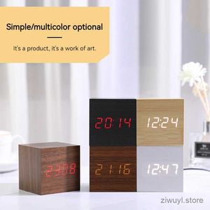 Desk Table Clocks Wooden Digital Alarm Clock with Temperature Cube Art Ornaments Decoration Supplies USB/AAA Powered Electronic Desktop Clocks