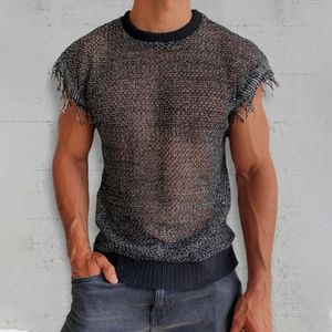 Männer Sommer Hollow Strick Weste ärmellose O Hals Basic Pullover T -Shirt für Mann lässig Quaste Tassel Festes T -Shirt -Netz durch die obere 240410