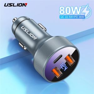 Sprzęt USLion 80W USB ładowarka samochodowa Szybka ładowanie QC PD 3.0 Digital Display Charge na iPhone 14 Xiaomi Huawei Charger w samochodzie