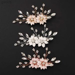 Hårklämmor Barrettes Silver Flower Leaf Bridal Hair Clips Rhinestone Gold Handgjorda bröllopshuvud Tillbehör Fashion Party Pearl Headpiece Tiaras 240426