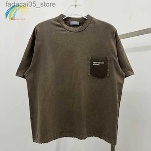 Mäns T-shirts Leisure Retro Wash Brown Grey Erd Pocket T-shirt Tungt tyg Bomull Kort ärm Tee Damaged Womens Q240425