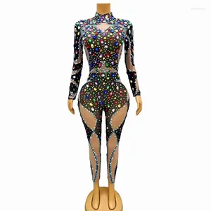 Stage Wear Colorful Rhinestones Mesh Jumpsuit Sexy Birthday Prom Outfit Nightclub Bar Women Singer Performance Crystal Leotard