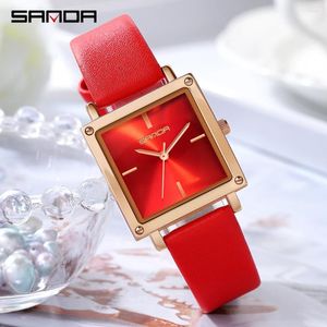 Relógios de pulso Sande Women Square Sport Watches Fashion Leather Strap Analog Wristwatch Big Dial Dial Vintage Elegant Ladies Watch Reloj