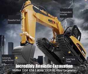Electric/RC Car HUINA 1550 RC Tracked Vehicle 15CH 2.4G 1 14 RC Metal Excavator Remote Control Alloy Roots Charging Vehicle RTR Independent ArmL2404