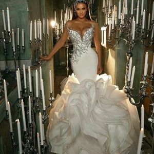 Luksusowa sukienka ślubna syreny warstwy Walki długie pociąg z koralikami suknie ślubne Saudyjskie arabskie luksus vestido de novia