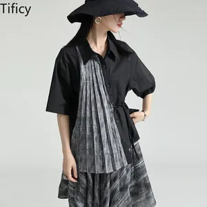 Blouses feminina Tify Black Wind Pleated Patchwork