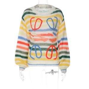 Kvinnors tröjor Lång ärm Mohair Vintage tröja Kvinna Vinter 2024 Crewneck Wool Rainbow Stripe Knit Pullover Designkläder