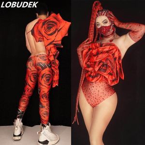 Alla hjärtans dag Party Show Men Women Group Dance Costume Red Rose Flower Crystals Bodysuit Nightclub Bar DJ Dancer Stage Wear2231