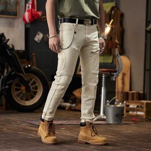 Men's Jeans High end seam washing zipper mens jeans beige fashionable Pu handsome motorcycle ultra-thin straight elastic leg pantsL2404