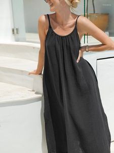 Momento de sono feminino Hiloc Creging Crape Black Directress Summer 2024 Strap Strapless Backless Long Dress Casual Casual camisola solteira Senhoras sólidas