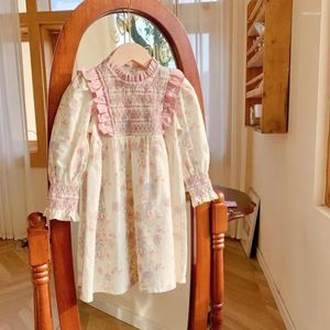 Flickaklänningar 2-7 år Kid Korean French Cotton Children Pleated Collar Spring Autumn Print Floral Dress Baby Girls Sweet Clothes