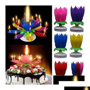 Party Decoration Musical Birthday Candle Magic Lotus Flower Candles Blossom Rotating Spin 14 Small Cake Topper Children Chopsticks H Dh0Fa