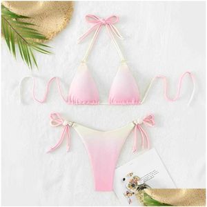 Two Piece Dress 2023 New Y Womens Summer 2Pcs Bikini Sets Sleeveless Halter Bandage Neck Gradient Color Bra Add Low Waist Tie Up Thong Dhgwn