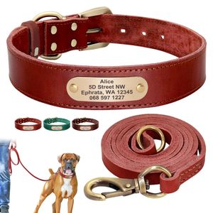 Custom Leather Dog Collar Leash Set Personalized Pet Free Engraved Nameplate For Small Medium Large Dogs 240419