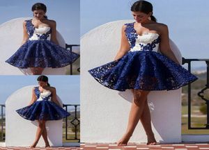 Short Navy Blue And White Cocktail Dress High Quality One Shoulder Lace Women Wear Evening Dresses Party Prom Dresses8798267