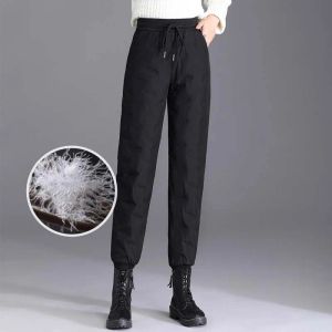 Capris 2023 Winter Womens Loose Warm Down Pants High WAIST厚い暖かいアヒルダウンコットン女性ファッションストレート風の雪のズボン