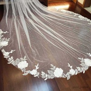 Свадебные украшения роскошные жемчужины Свадебная вуаль с флорой кружево тяжелые 3,5 метра длиной один уровень.