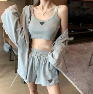 Brand Women's three Piece Pants Set Tracksuits Summer Inverted Collar Mid Sleeve Shirt With Loose Shorts Casual Suit Women