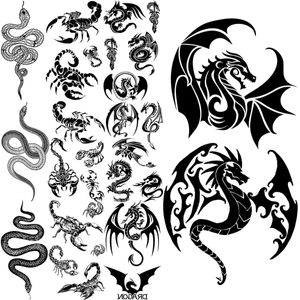 Tatuagem Transferência de dragão preto Tatuagens temporárias para homens Mulheres Scorpion Scorpion Snake Fake Tattoo Sticker Body Water Transfer Tatoos DIY 240426