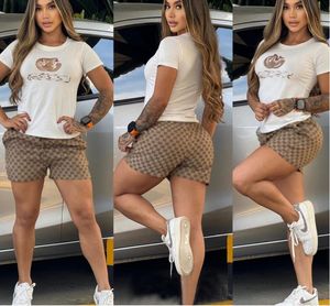 Two Piece Sets Womens Outifits 2024 Summer Fashion 400G Printed Round Neck Short Sleeved Top & Casual Skinny Shorts Set Streetwear