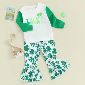 Set di abbigliamento St Patrick s Day Girl Girl Outfifit Lucky Long Sleeve Selda Shamrock Pants Pants Bell Bottom Set