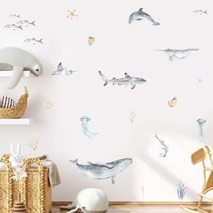 Whale Shark Dolphin Starfish Jellyfish Watercolor Wall Stickers Removable Vinyl Decal Mural Nursery Kids Room Home Decor 240426