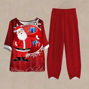 Pantaloni da donna a due pezzi Vendita calda da donna set di abbigliamento autunno Babbo Natale 3D Stampato a due pezzi set eleganti pantaloni t-shirt a collo rotondo in abiti femminile Y240426